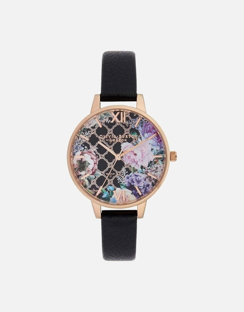 Quartz Stainless Steel Case Floral Motive Watch Women - Black Watches