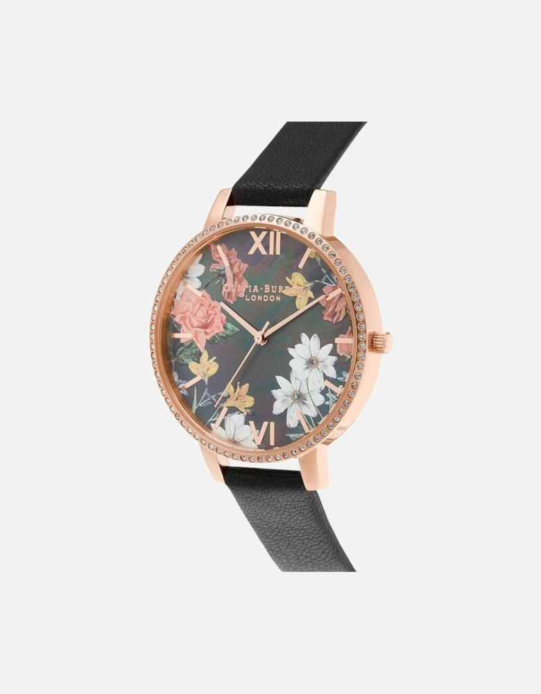 Stainless Steel Quartz Watch with Floral Dial Women - Black Watches