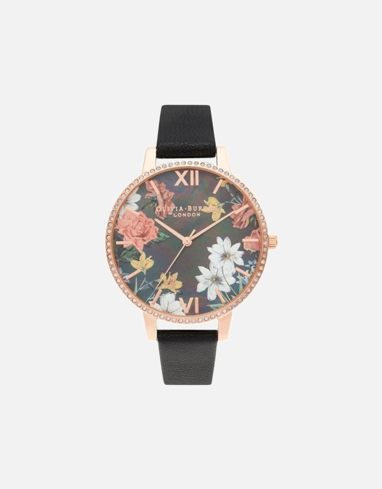 Stainless Steel Quartz Watch with Floral Dial Women - Black Watches