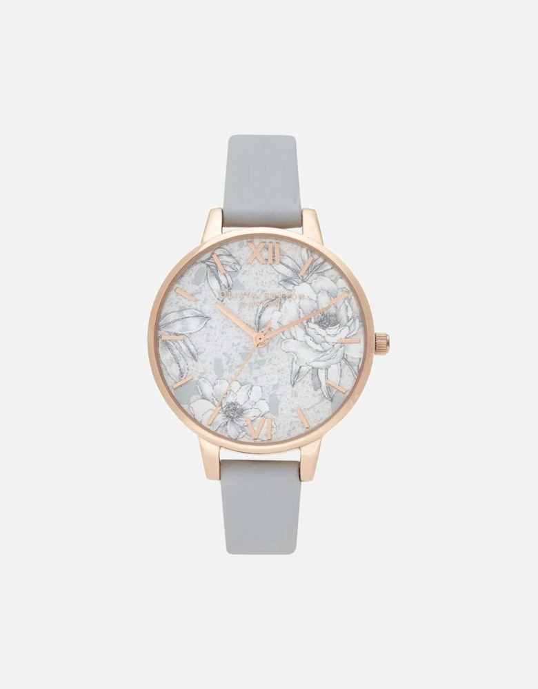 Quartz Analog Stainless Steel Watch with Floral Dial Women - Gray