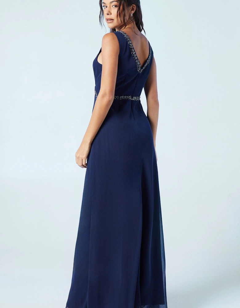 Trim Detail V Back Sleeveless Bridesmaids Dress