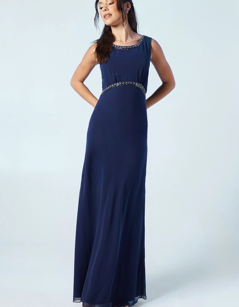 Trim Detail V Back Sleeveless Bridesmaids Dress