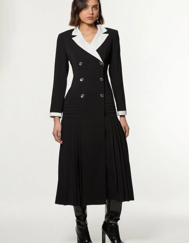 Long Sleeve Contrast Collar Pleated Button Detail Woven Midi Dress