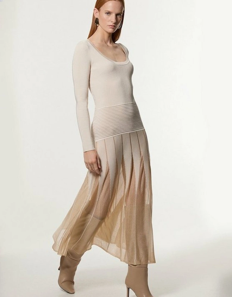 Slinky Knit Scooped Neck Sheer Detail Maxi Dress