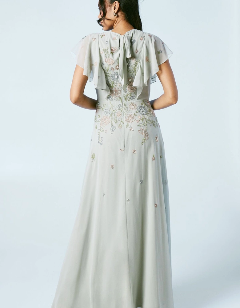 Flutter Sleeve Embellished Ditsy Floral Bridesmaids Dress