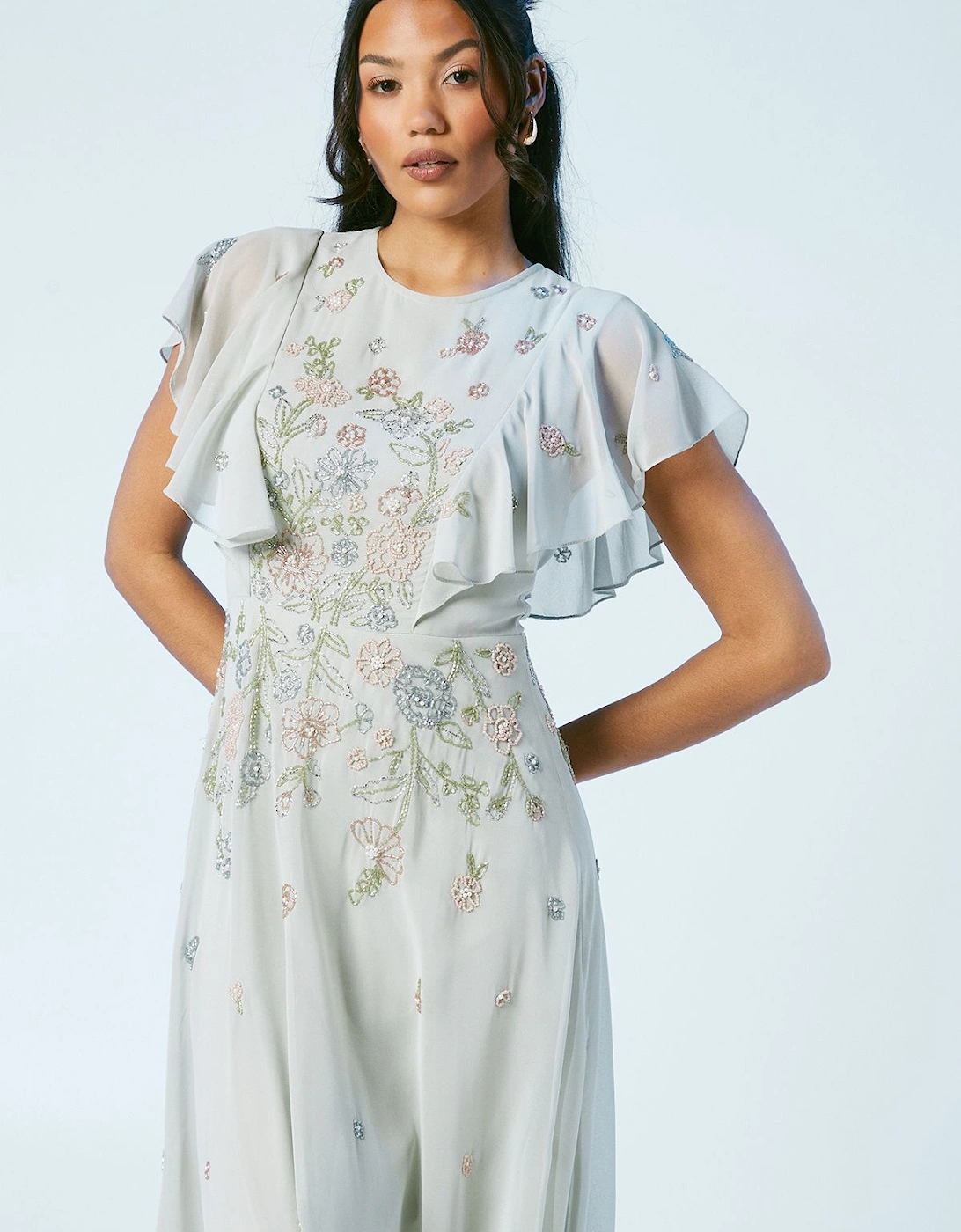 Flutter Sleeve Embellished Ditsy Floral Bridesmaids Dress