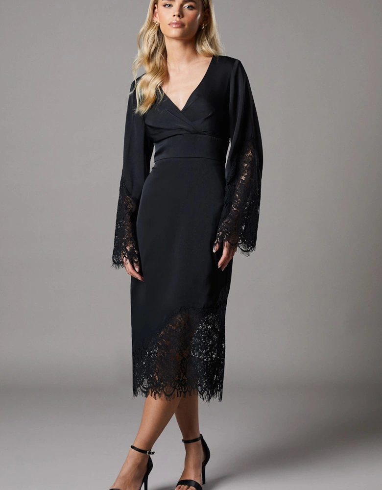 Petite Lace Panelled Satin Wrap Midi Dress