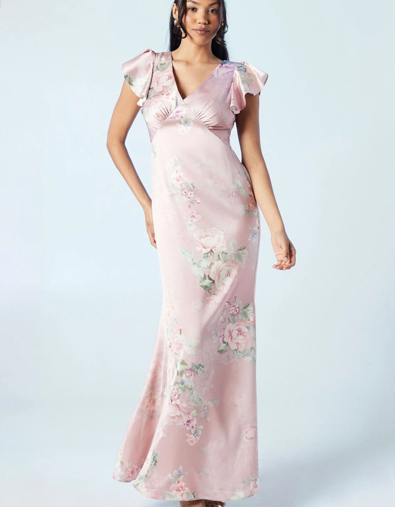 Trailing Blossom Printed Satin Angel Sleeve Bridesmaids Dress