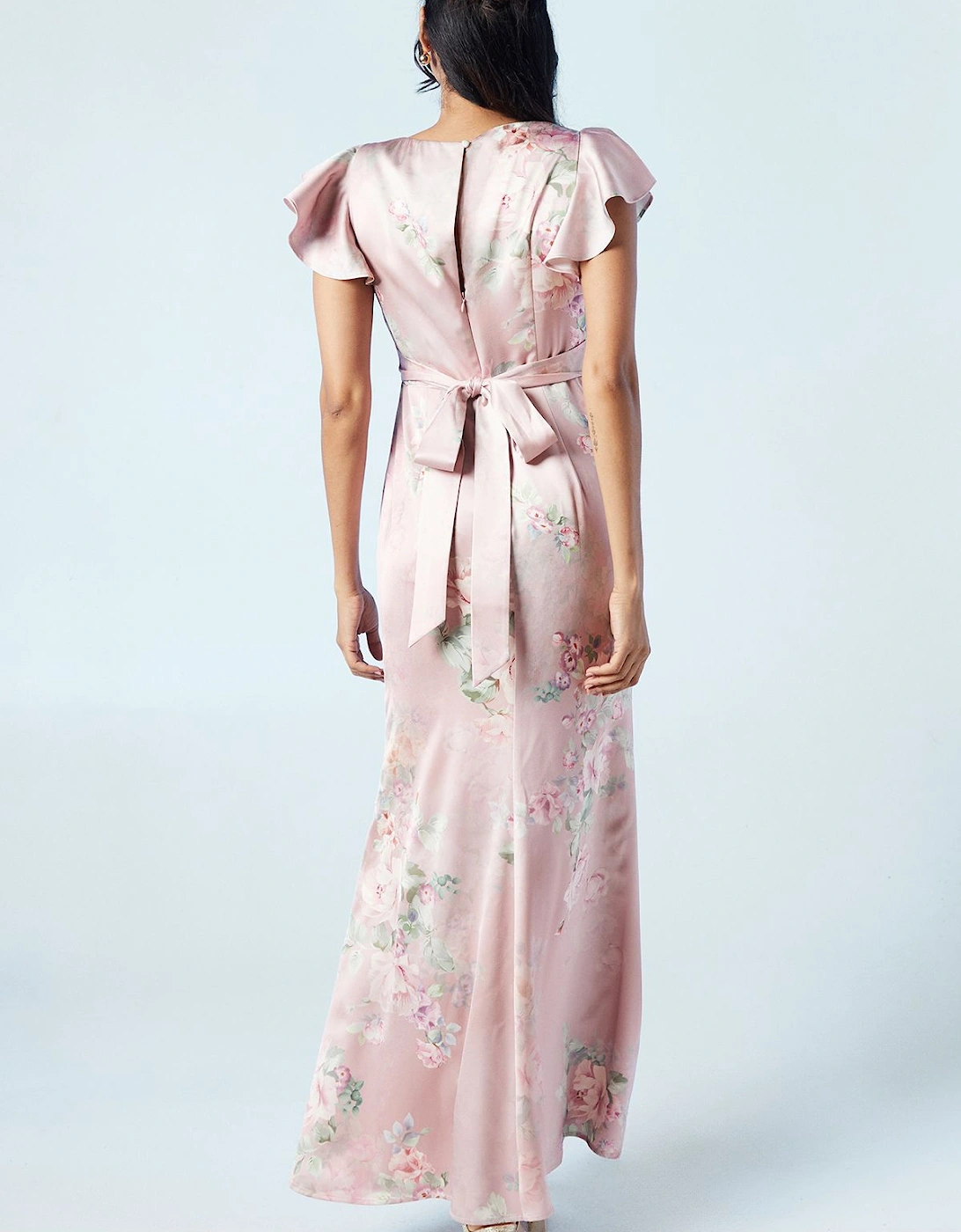 Trailing Blossom Printed Satin Angel Sleeve Bridesmaids Dress