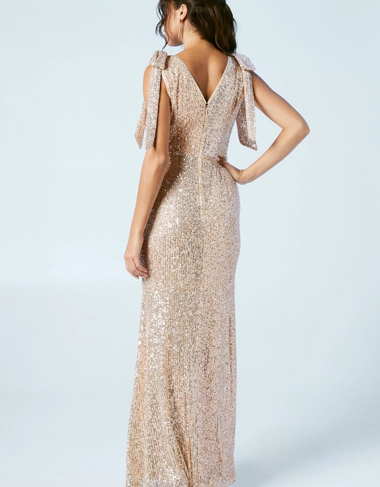 Sequin Tie Shoulder Bridesmaids Maxi Dress