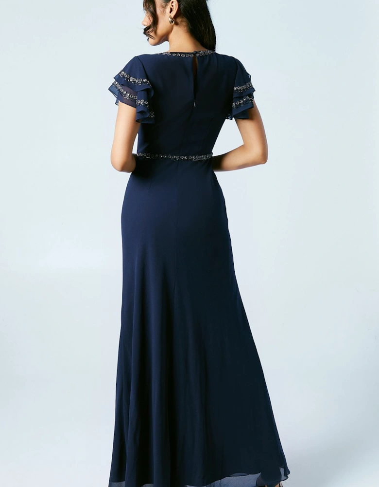 Trim Detail V Neck Flutter Sleeve Bridesmaids Dress