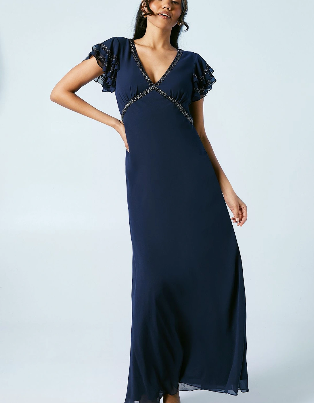 Trim Detail V Neck Flutter Sleeve Bridesmaids Dress, 6 of 5