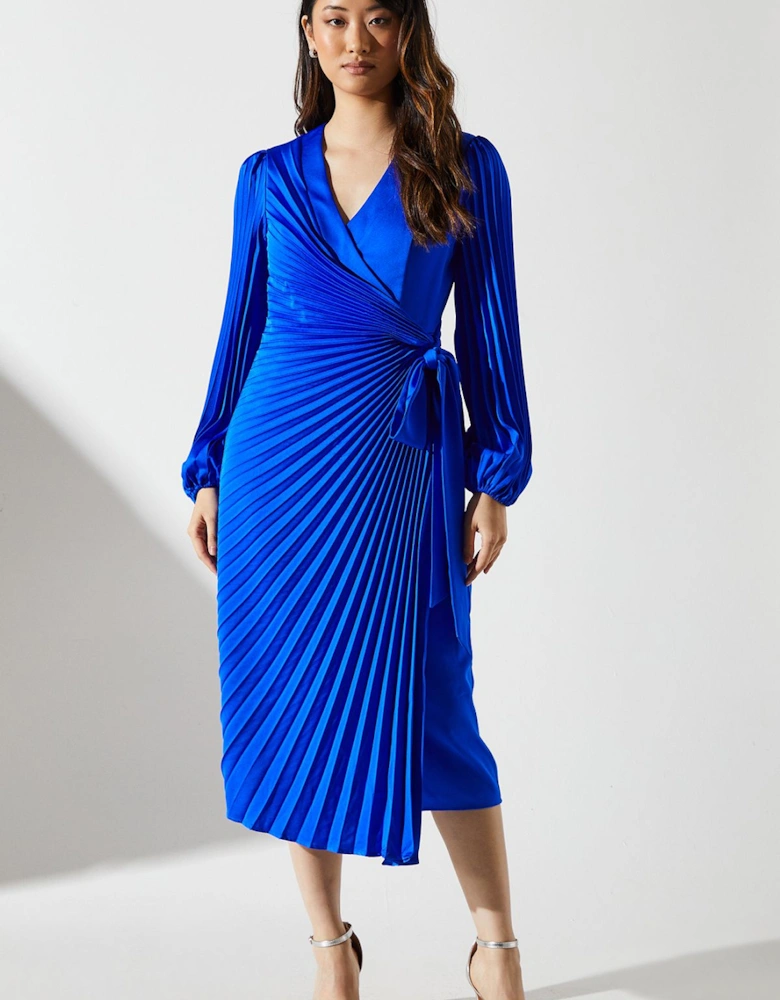 Satin Pleated Wrap Dress