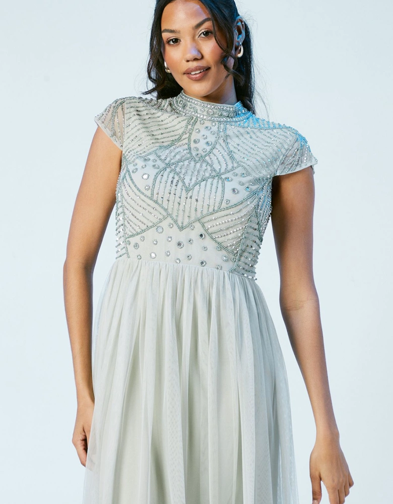 Linear Encrusted Beaded Cap Sleeve Bridesmaid Midi Dress