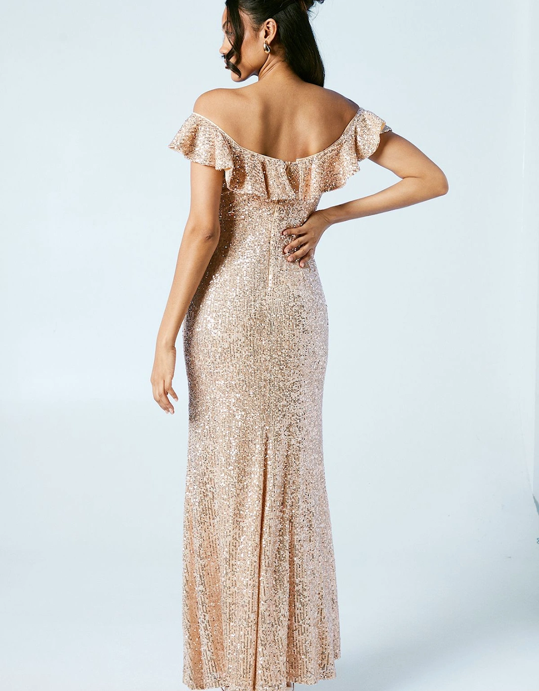 Flutter Neckline Sequin Bridesmaids Maxi Dress