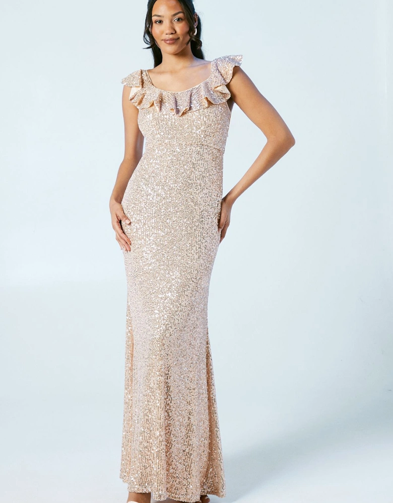 Flutter Neckline Sequin Bridesmaids Maxi Dress