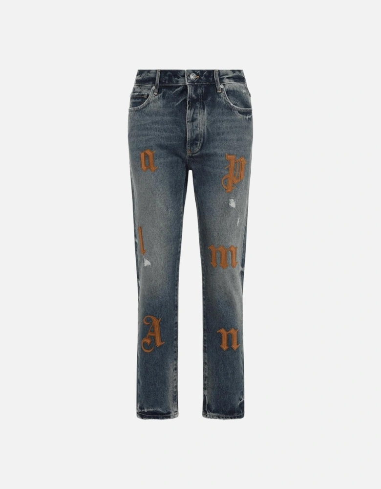 Patch Logo Straight Leg Slim Fit Blue Jeans