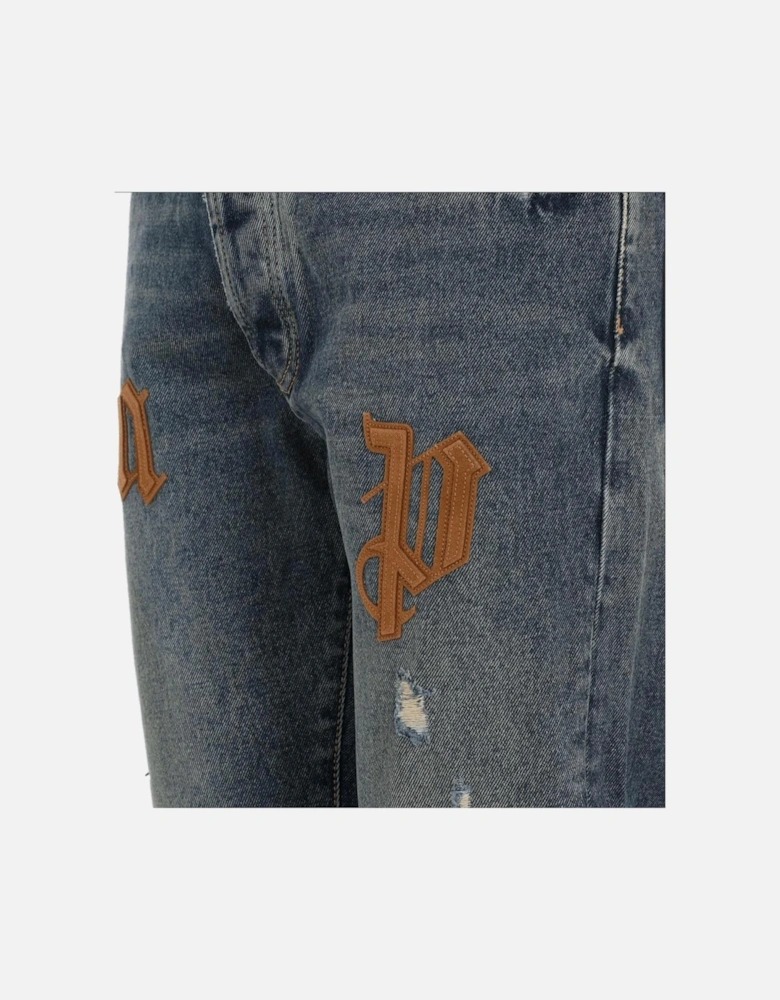 Patch Logo Straight Leg Slim Fit Blue Jeans