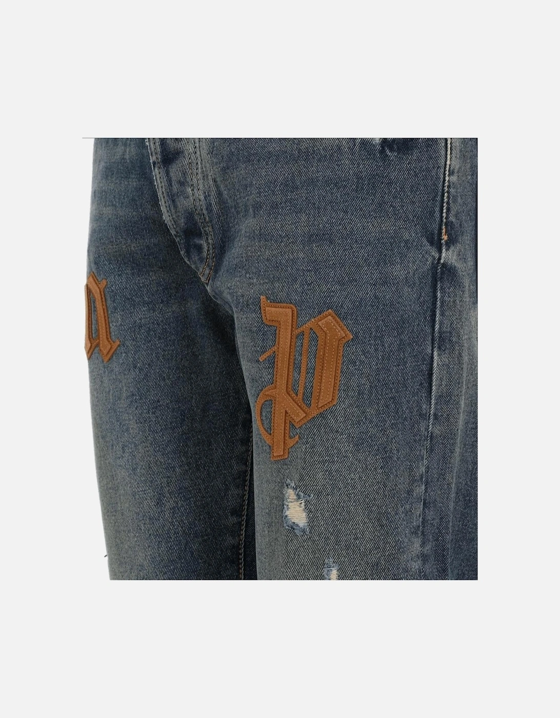 Patch Logo Straight Leg Slim Fit Blue Jeans