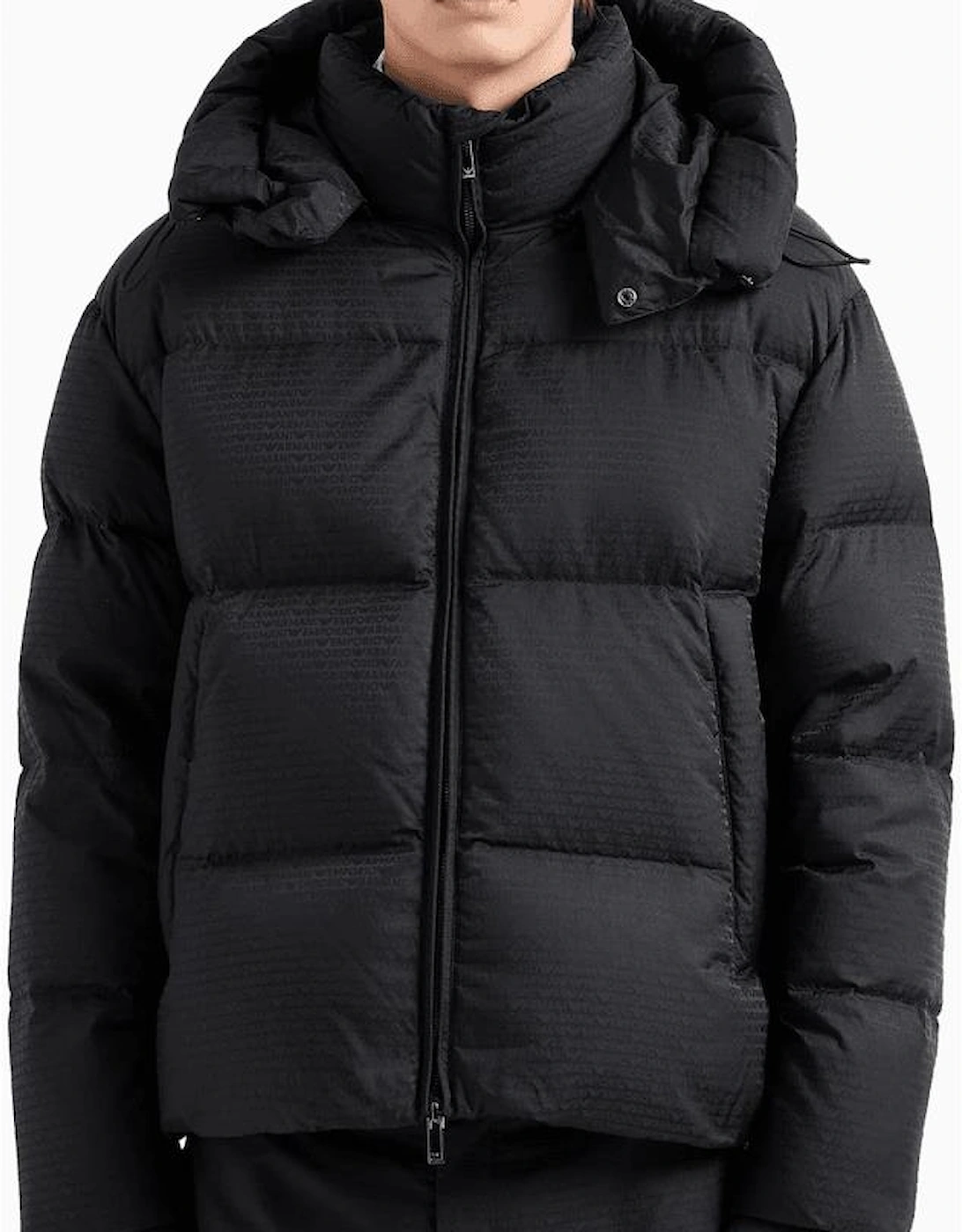 Jacquard Nylon Allover Logo Black Puffer Jacket