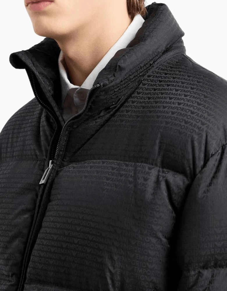 Jacquard Nylon Allover Logo Black Puffer Jacket