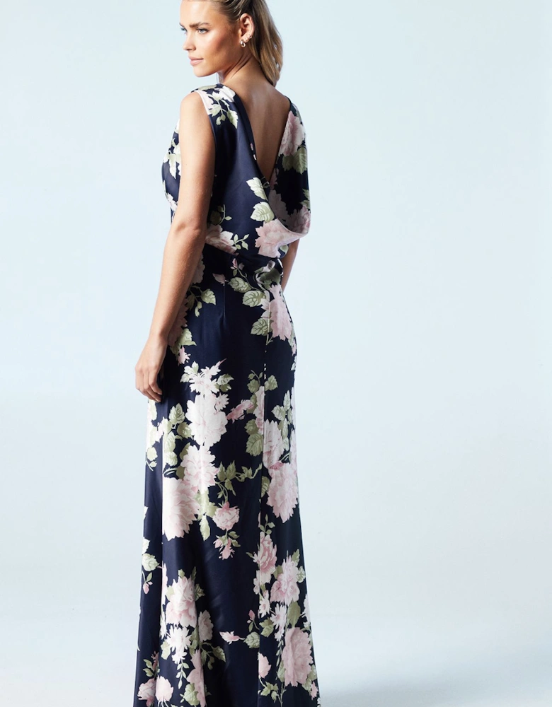 Petite Dahlia Floral Printed Cowl Back Bridesmaids Dress