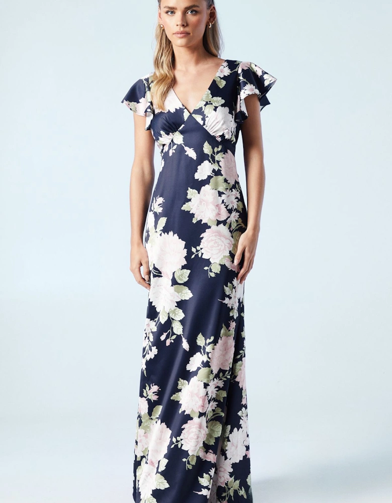 Petite Dahlia Floral Printed Satin Ruffle Sleeve Bridesmaids Dress