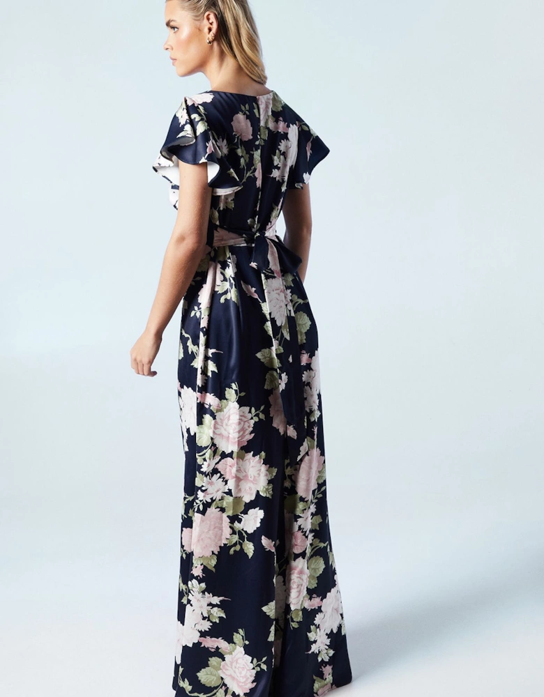 Petite Dahlia Floral Printed Satin Ruffle Sleeve Bridesmaids Dress