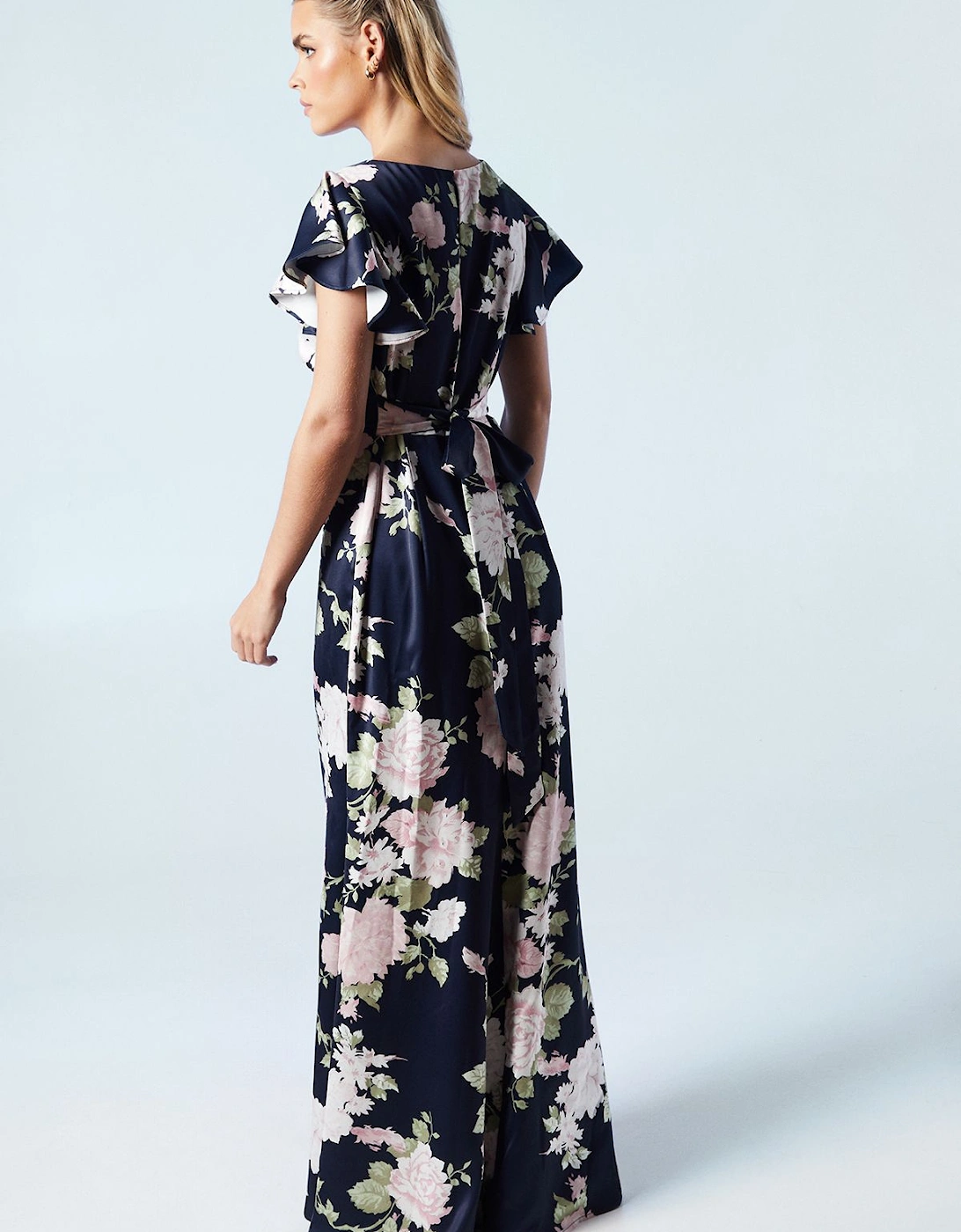 Petite Dahlia Floral Printed Satin Ruffle Sleeve Bridesmaids Dress