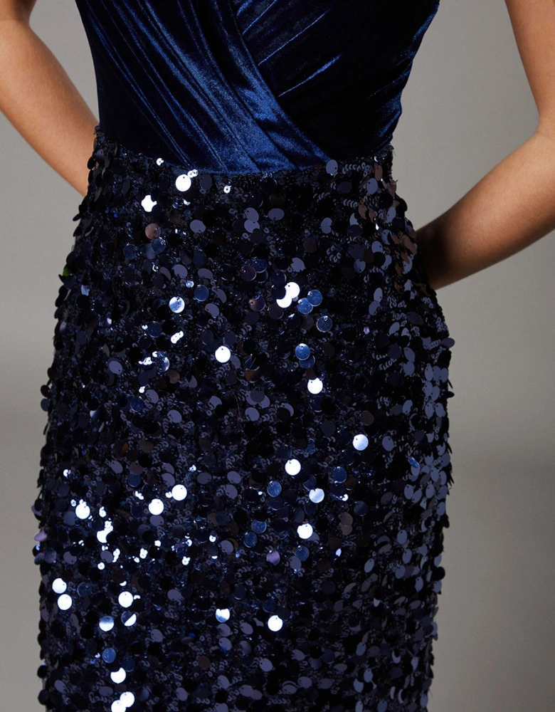 Petite Velvet Bodice Wrap Front Sequin Skirt Pencil Dress