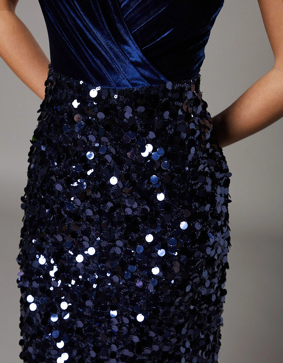 Petite Velvet Bodice Wrap Front Sequin Skirt Pencil Dress