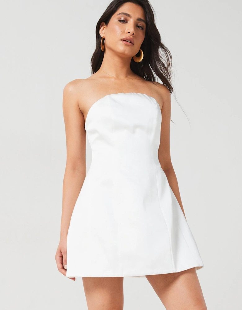 Bandeau Satin A Line Mini Dress - White