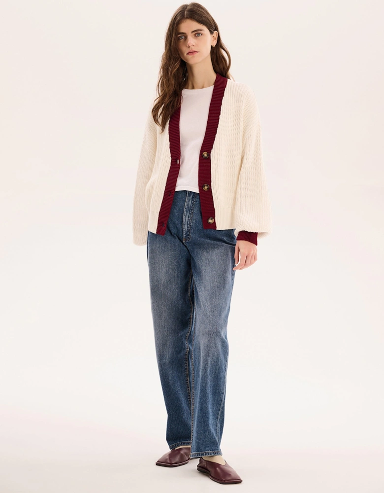 Hopper Cotton Cardigan in Cream/Burgundy