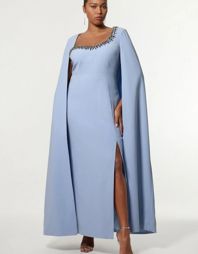 Plus Size Crystal Embellished Viscose Crepe Woven Cape Maxi Dress