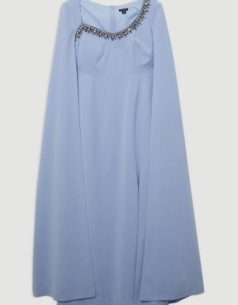 Plus Size Crystal Embellished Viscose Crepe Woven Cape Maxi Dress