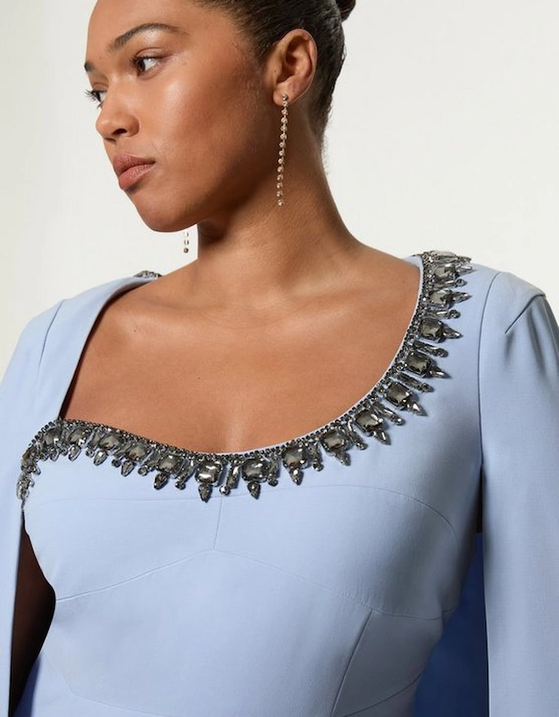 Plus Size Crystal Embellished Viscose Crepe Woven Cape Maxi Dress