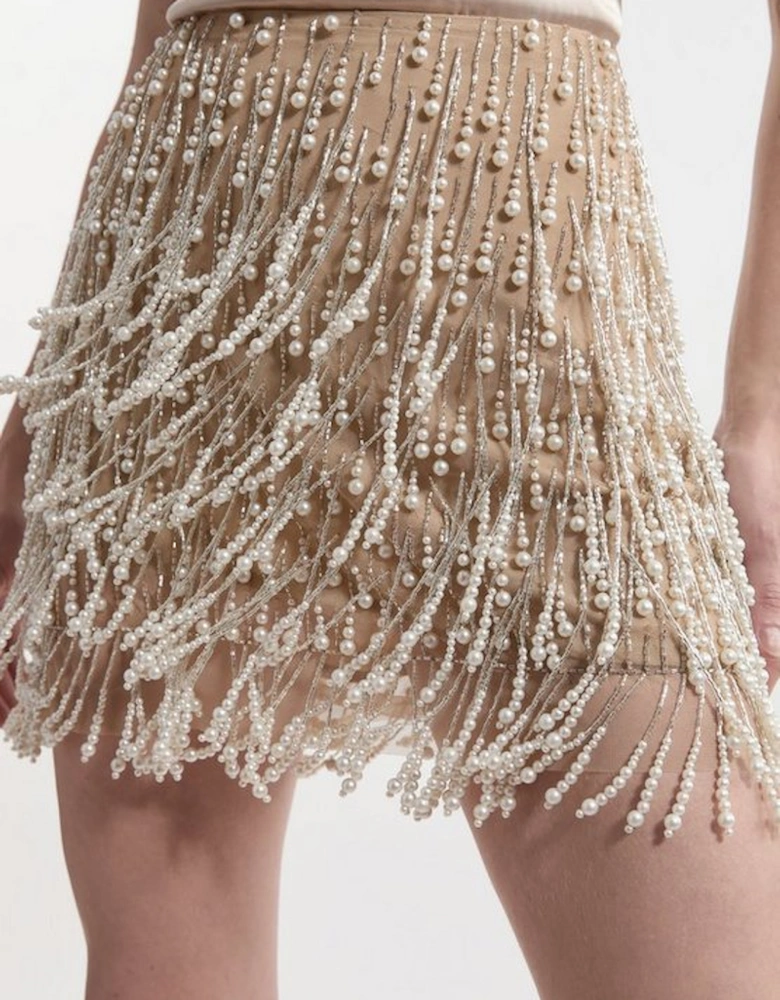 Pearl Tassel Embellished Woven Mini Skirt