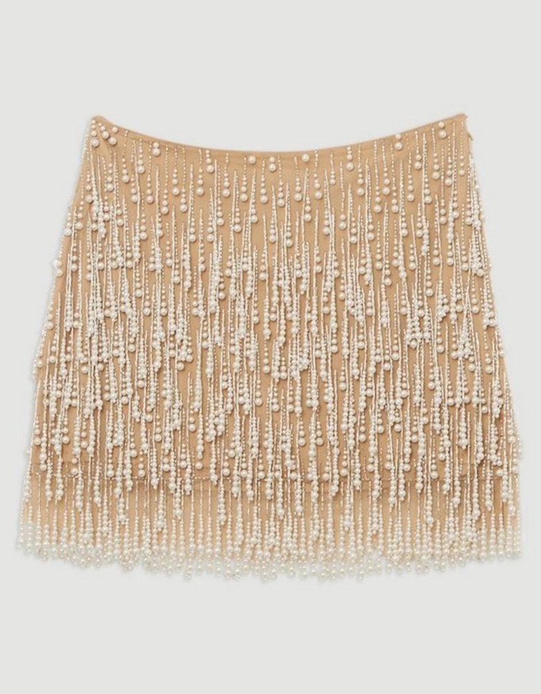 Pearl Tassel Embellished Woven Mini Skirt