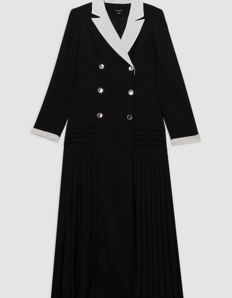 Long Sleeve Contrast Collar Pleated Button Detail Woven Midi Dress