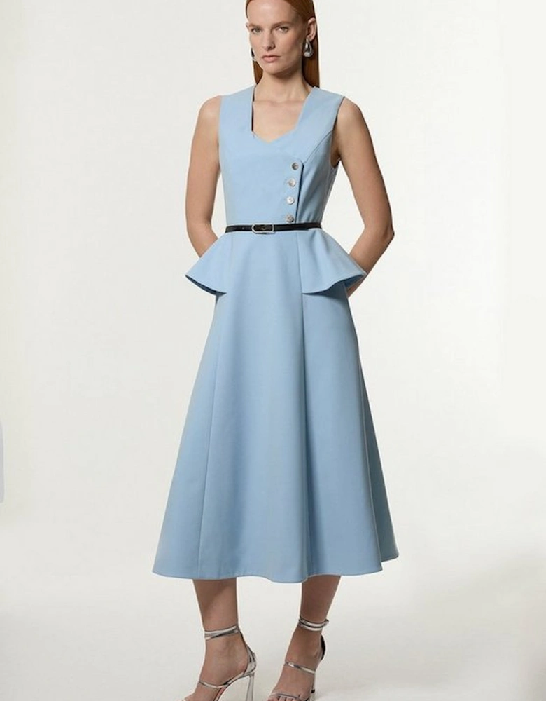 Compact Stretch Belted Peplum Detail Full Skirted Midi Dress