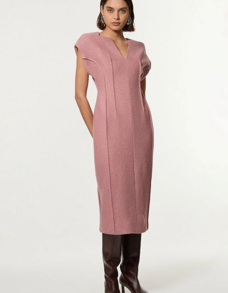 Textured Wool Blend Darted Tailored Midi Dress