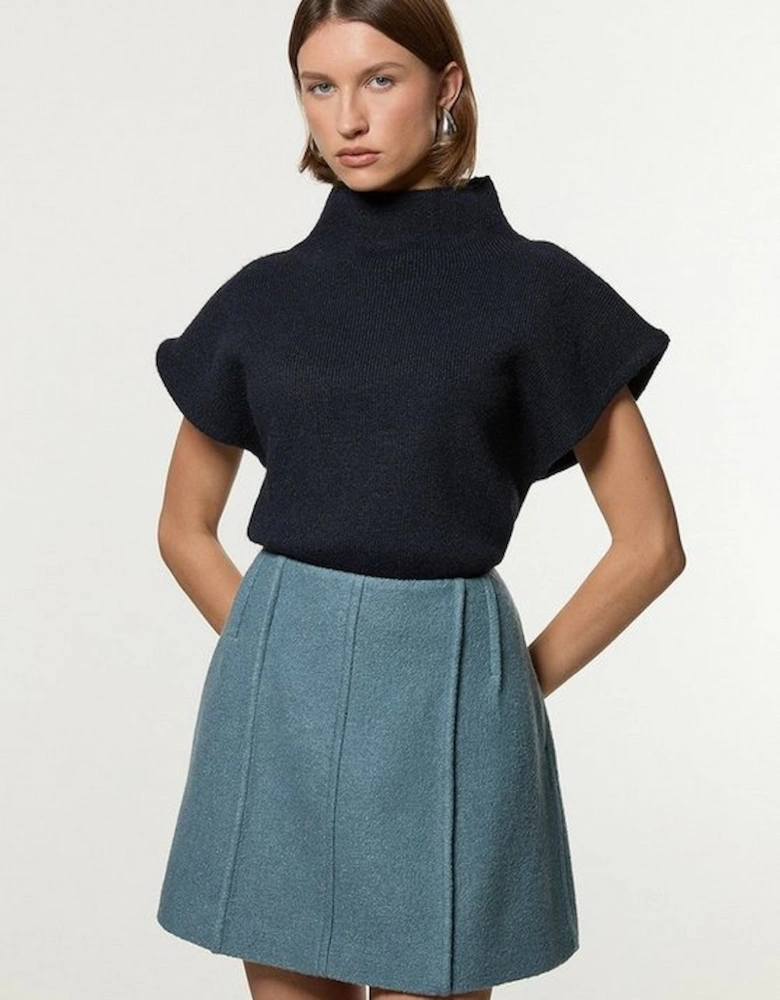 Textured Wool Blend Darted Tailored Mini Skirt