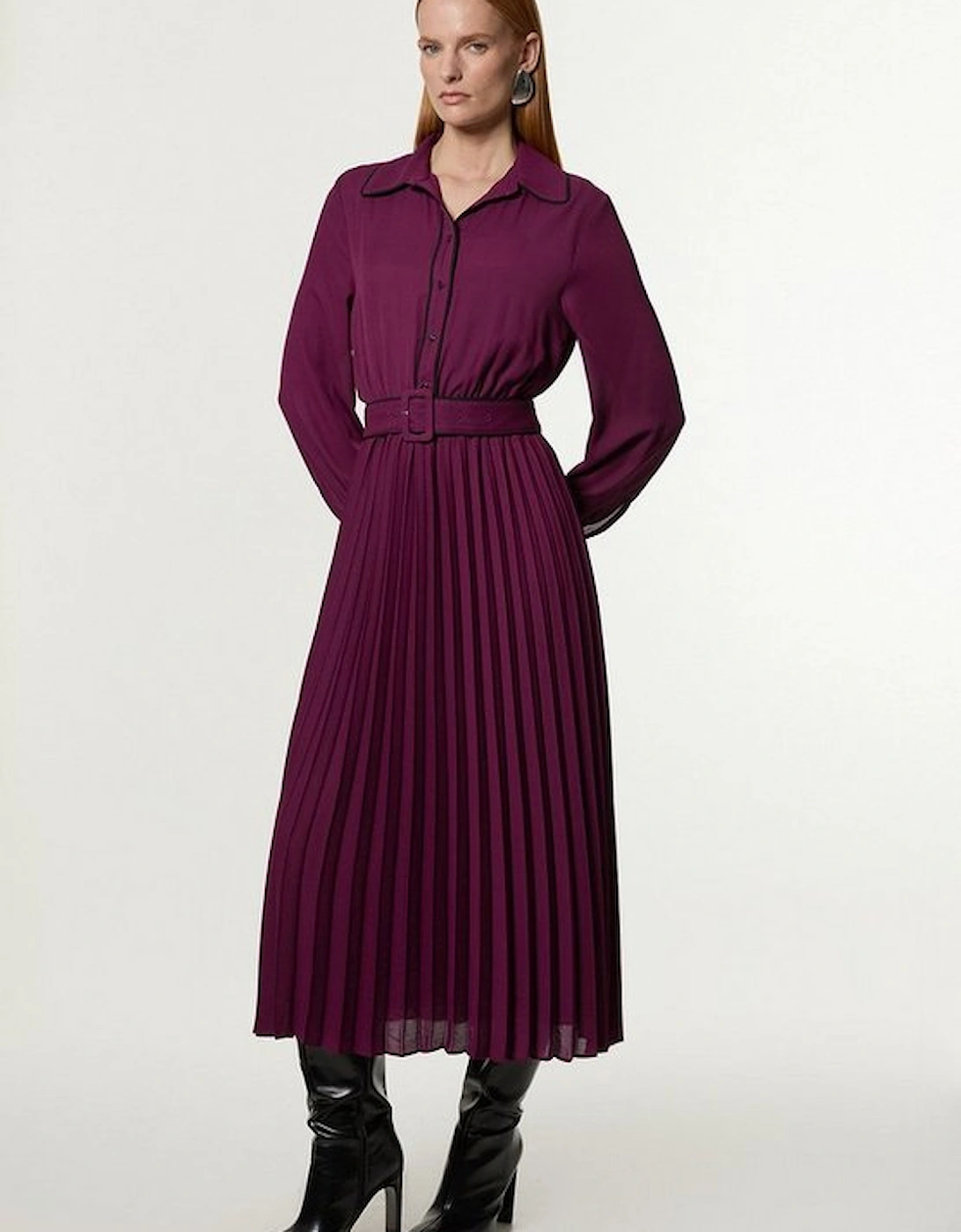 Georgette Pleated Woven Belted Midi Dress, 4 of 3