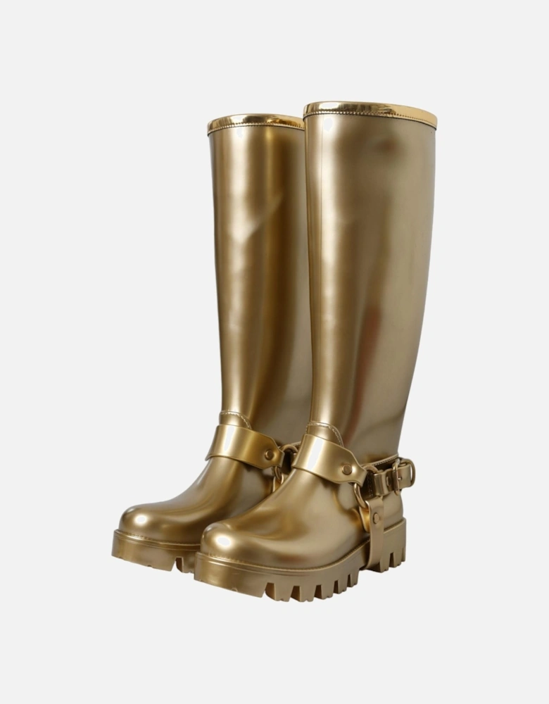 Shiny Gold Chunky Sole Rain Boots Women