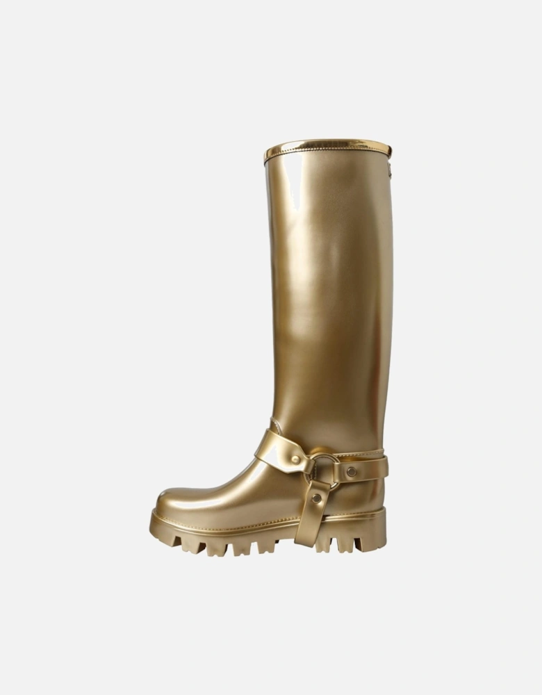 Shiny Gold Chunky Sole Rain Boots Women