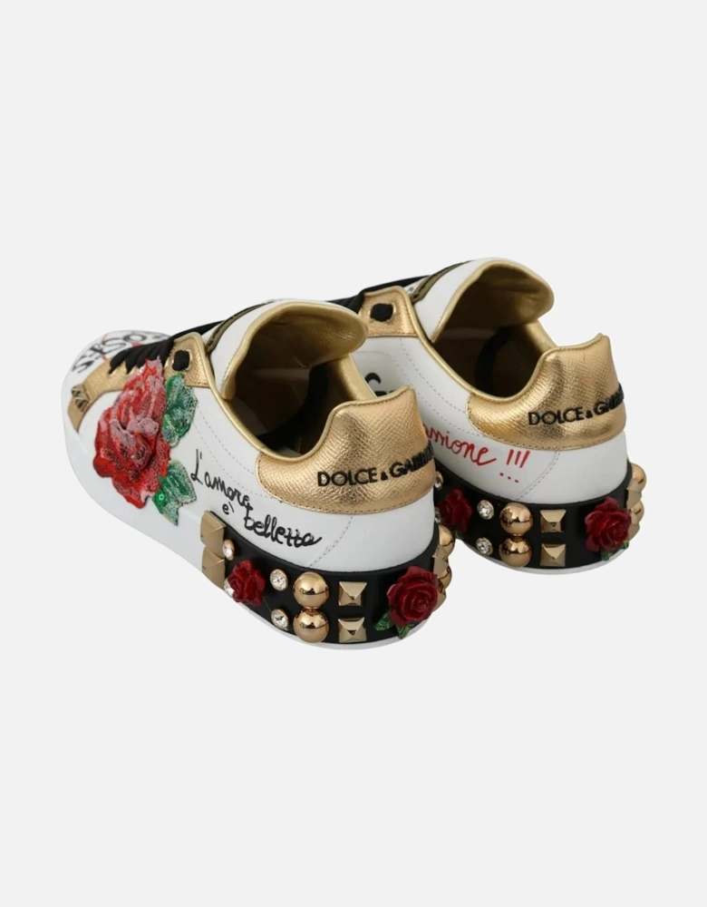 Floral Leather Sneakers with Clear Crystal Embellishments Women -