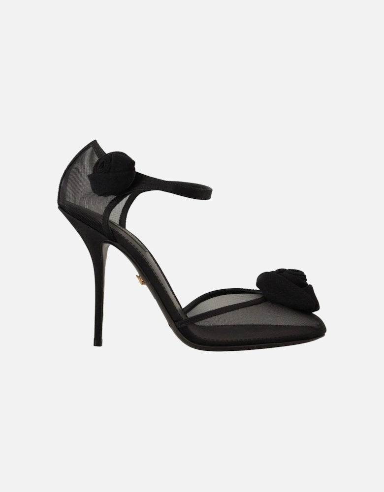 Dolce Gabbana Rose Embellished Sandals Black Mesh Women Pumps