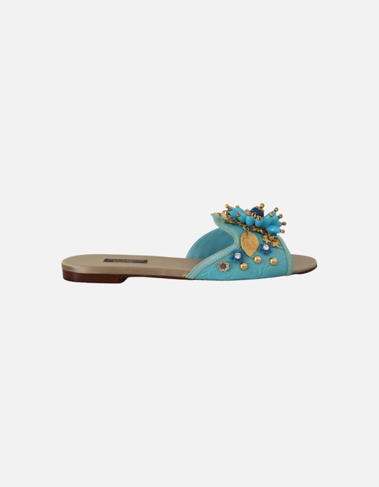 Blue Crystal Exotic Leather Blue Crystal Sandals Women Flats