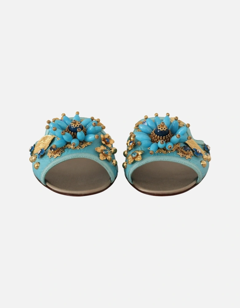 Blue Crystal Exotic Leather Blue Crystal Sandals Women Flats