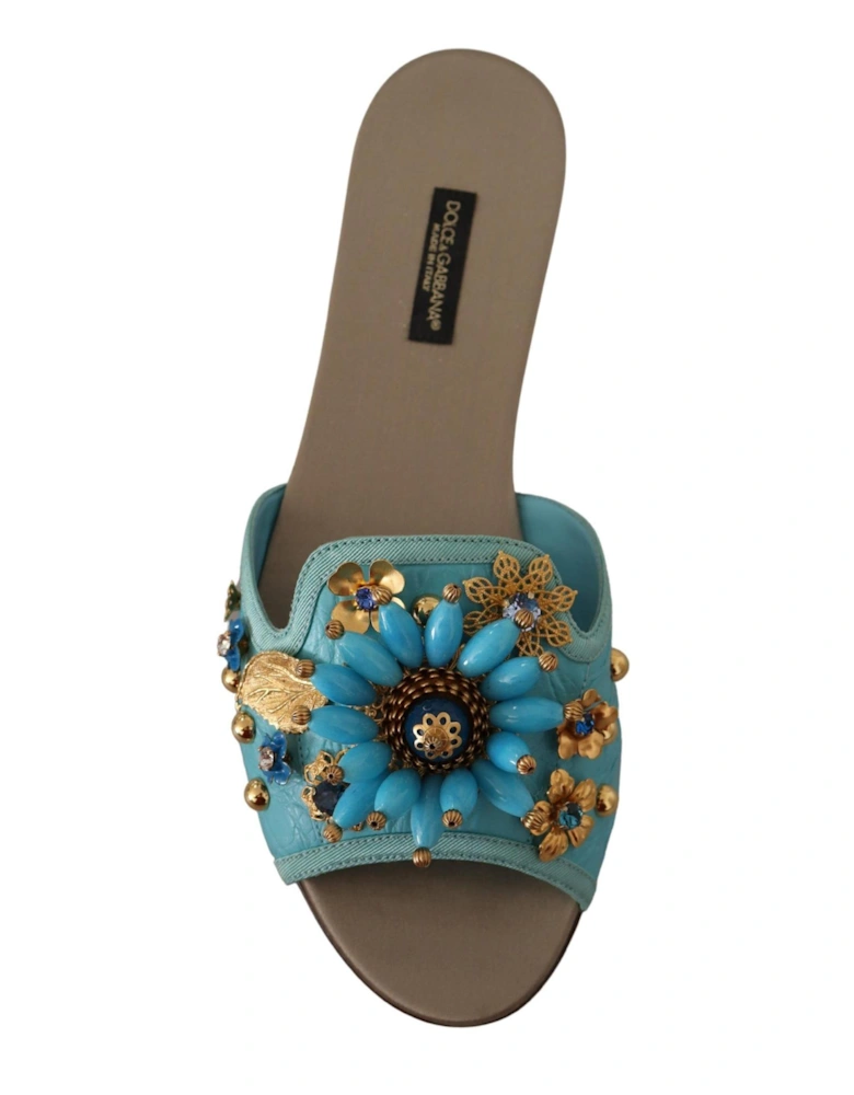 Blue Crystal Exotic Leather Blue Crystal Sandals Women Flats